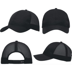 A black cap featuring breathable poly twill and honeycomb mesh, displayed from multiple angles.