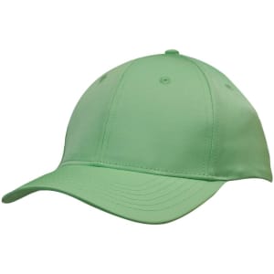 A green sports cap with a curved brim and stitched detailing, featuring a logo on the front.