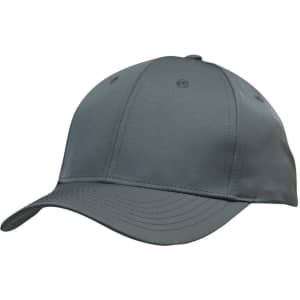 A grey sports cap featuring a rounded crown and a curved brim, with a logo on the side.