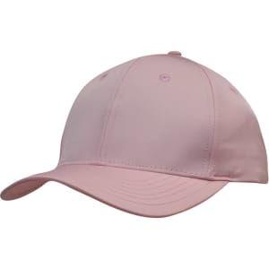 A pink baseball cap with a curved brim and six-panel design, featuring a logo on the front.