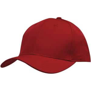 A red cap with a curved brim and a structured design, featuring a logo on the front.