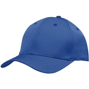 A blue sports cap with a curved brim and an adjustable strap, featuring a logo on the side.