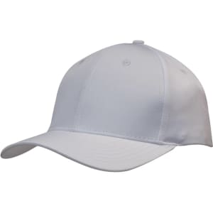 A white sports cap with a structured design and a curved brim, featuring a logo on the front.