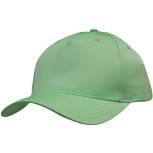 A green cap featuring a curved brim and a plain design, with a logo on the front.