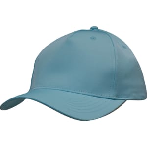 A blue sports cap with a curved brim and a structured crown, featuring a logo on the front.
