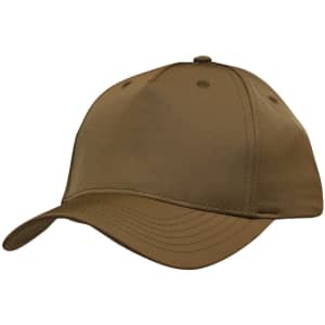 A brown sports cap with a curved peak and ventilation holes, featuring a logo on the front.