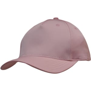 A pink cap with a curved brim, featuring a smooth fabric and a logo at the front.