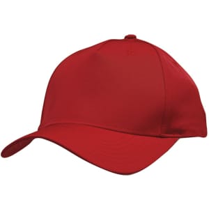 A red sports cap with a curved brim and a logo on the front.