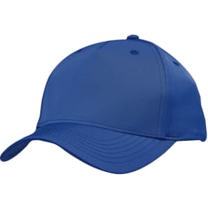 A blue cap with a curved brim and a structured design, featuring a logo on the front.