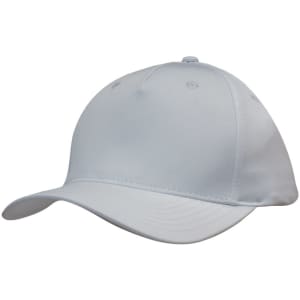 A white sports cap featuring a curved peak and a logo on the side.