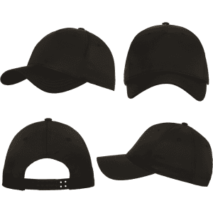A black sports cap featuring a curved brim, adjustable strap at the back, and a logo. Multiple angles displayed.