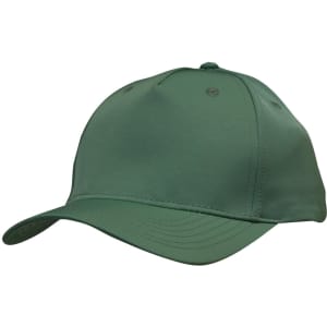 A green twill cap with a curved peak and ventilation holes, featuring a logo on the front.
