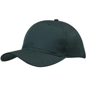 A dark green cap featuring breathable poly twill fabric with circle perforations and a curved brim.