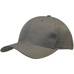 A grey breathable poly twill cap featuring circle perforations and a rounded peak, with a logo on the side.