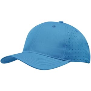 A blue cap with a curved brim and circle perforations on the sides, featuring a logo on the front.