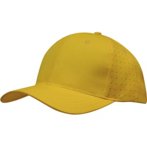 A yellow cap featuring breathable poly twill and circular perforations. Includes a logo on the front.