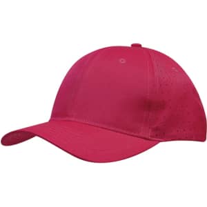 A pink cap featuring breathable poly twill with circle perforations and a curved brim, complemented by a logo.