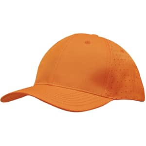 An orange cap with circle perforations, featuring a curved brim and a logo on the side.