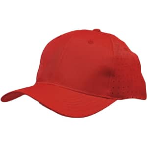 A red cap made from breathable poly twill, featuring circular perforations for ventilation.