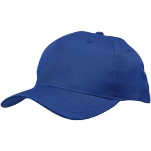 A blue cap with circle perforations, featuring a curved brim and a logo on the side.