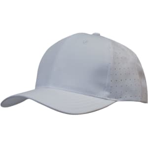 A white cap with circle perforations on the side and a curved brim. It features a logo on the front.