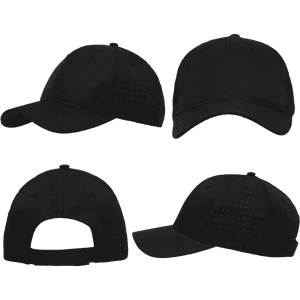 A black cap featuring breathable poly twill material and circle perforations, showcased from multiple angles.