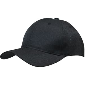 A black breathable poly twill cap featuring circle perforations and a curved brim. It has a logo on the front.
