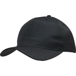 A black cap with a rounded crown and a curved brim, featuring a logo on the side.