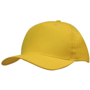 A yellow cap with circle perforations on the side and a curved brim, featuring a logo on the front.