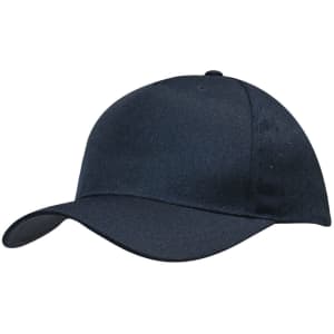 A navy blue cap with a curved brim and a structured crown, featuring a logo on the side.