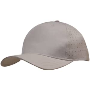A light grey cap featuring breathable poly twill with circle perforations and a logo on the side.