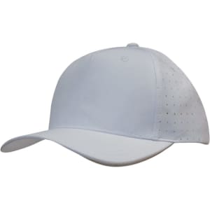 A white cap featuring breathable poly twill fabric with circle perforations and a curved brim. It has a logo.