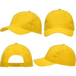 A yellow cap featuring breathable poly twill material with circle perforations and a rear adjustable strap.