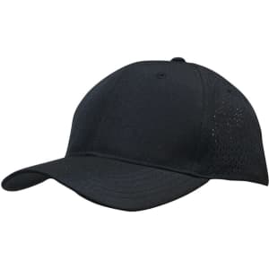 A black cap featuring triangle perforations on the sides and a logo on the front.