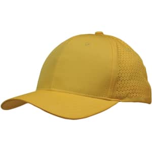 A yellow cap featuring triangle perforations and a curved brim. The cap has a logo on it.