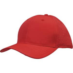 A red cap with triangle perforations on the side and an adjustable back. It features a logo.