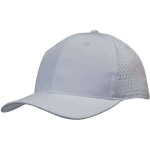 A white cap featuring triangle perforations on the sides and a curved peak, with a logo on the front.