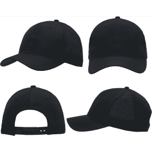 A black cap with triangle perforations, featuring front, back, and side views, and an adjustable strap at the back.