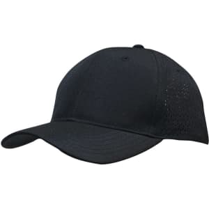 A black sports cap with triangle perforations and a logo, featuring a curved brim and breathable fabric.