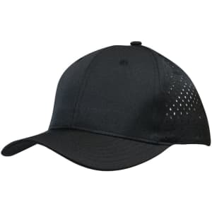 A black sports cap featuring tear drop perforations and a logo on the side.