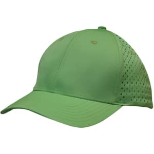 A green sports cap with tear drop perforations and a solid visor. It features a logo.