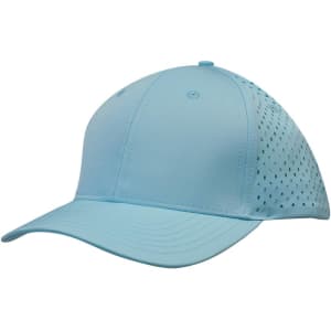A light blue cap featuring tear drop perforations and a curved brim, with a logo on the side.