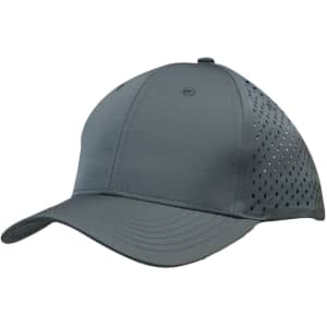 A grey sports cap featuring tear drop perforations and a curved brim. Includes a logo on the front.