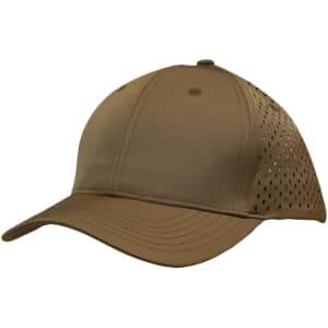 A brown cap with tear drop perforations on the side and a curved peak, featuring a logo.