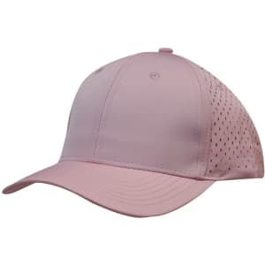 A pink sports cap featuring perforated panels for breathability and a curved visor. Includes branding on the side.