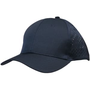 A navy blue cap with tear drop perforations on the sides and a curved brim. It includes a logo on the front.
