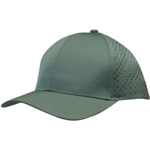 A green cap featuring tear drop perforations on the sides and a solid front panel. It has a small logo on it.
