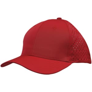 A red sports cap featuring tear drop perforations on the sides and a curved brim. It has a logo.