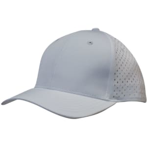 A white sports cap featuring perforated detailing on the sides and a slightly curved brim. It has a logo on the front.
