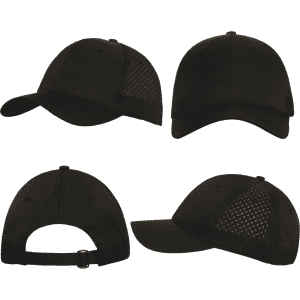 A black cap featuring tear drop perforations, with a logo and a curved brim, displayed from multiple angles.